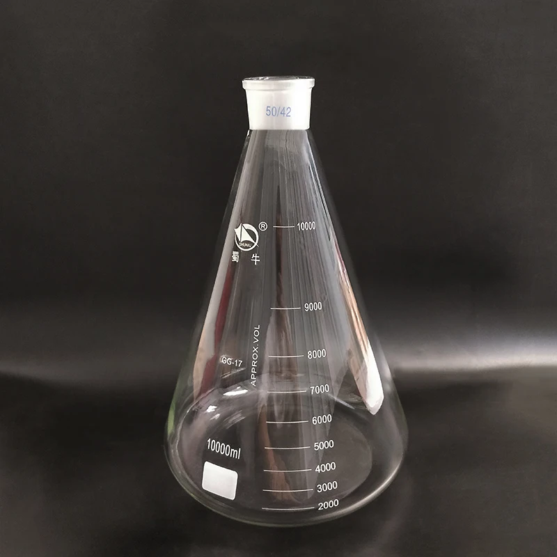 Conical flask with standard ground-in mouth,Capacity 10000ml,joint 50/42,Erlenmeyer flask with tick mark