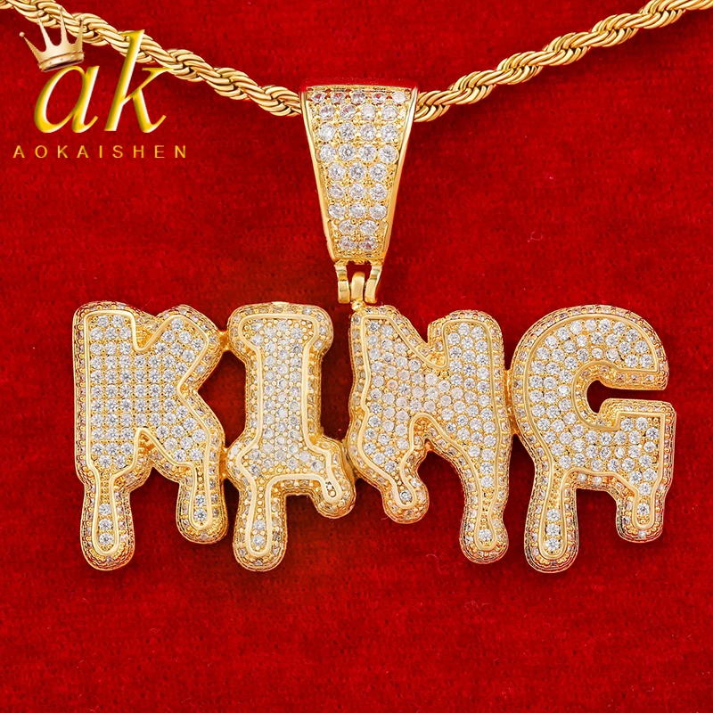 Aokaishen Custom Name Necklace for Men Personalized Pendant Drippy Iced Out Real Gold Plated Hip Hop Jewelry Free Shipping