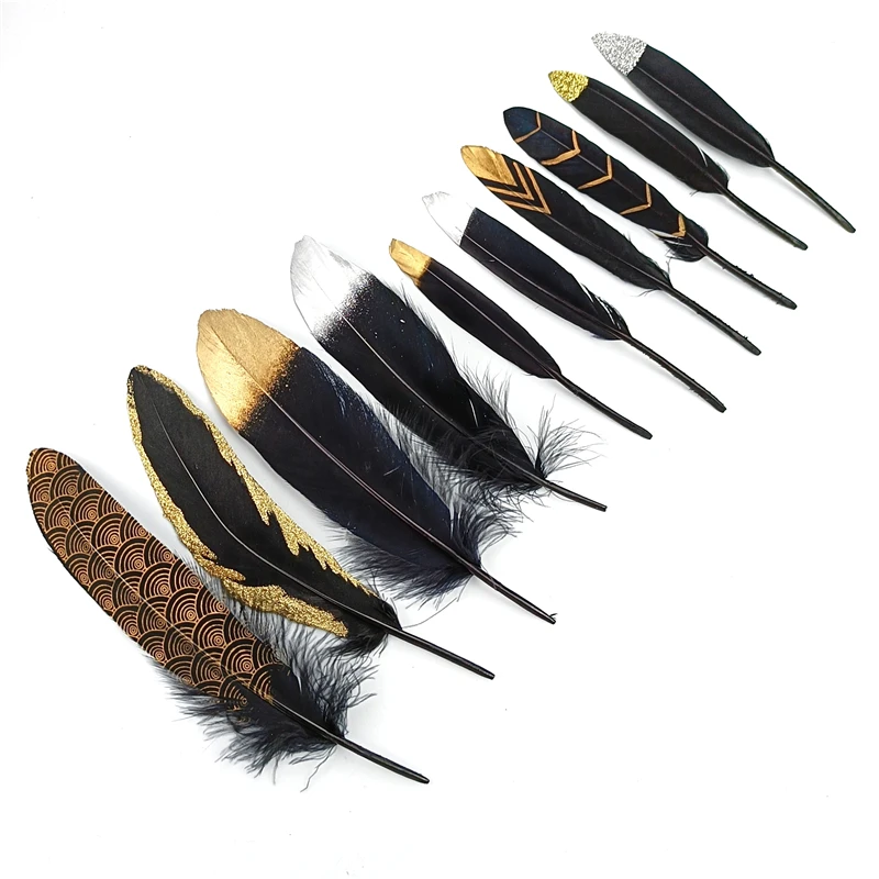 20Pcs/Lot Gold Dipped Black Goose Feather Handicraft Accessories Golden Duck Feather DIY Plume Party Decoration Jewelry Creation