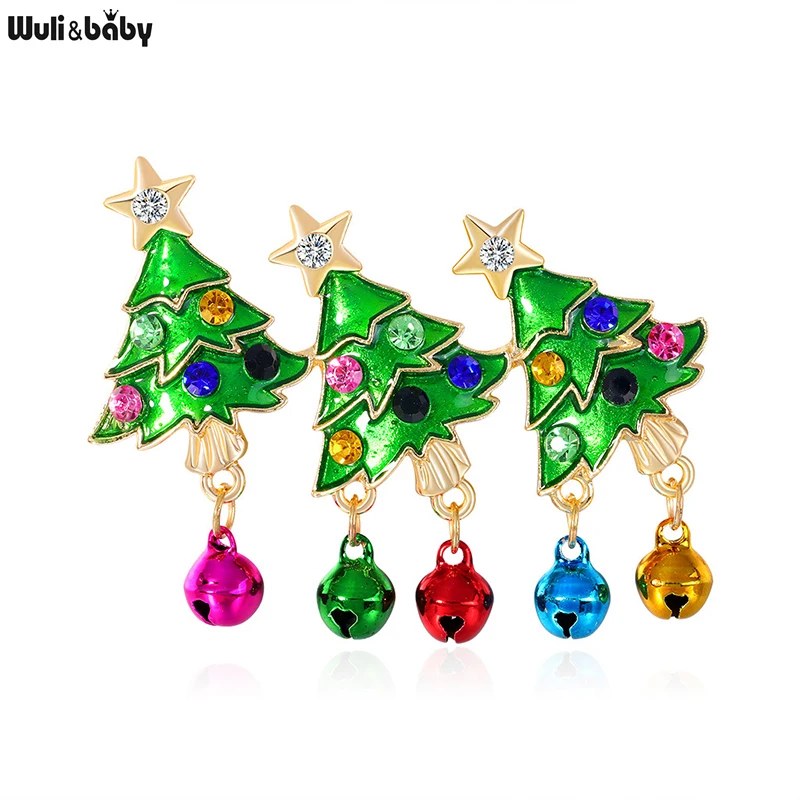 Wuli&baby Jingle Bells Christmas Tree Brooches For Women Men Enamel Lovely Lucky New Year Plants Party Brooch Pins Gifts
