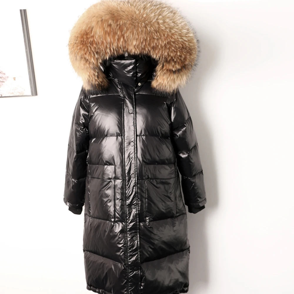 Winter vrouwen zwart donsjack echt vossenbont grote kraag jas vrouwen eend donsjack Warme lange donsjas Parka wasbeer kraag