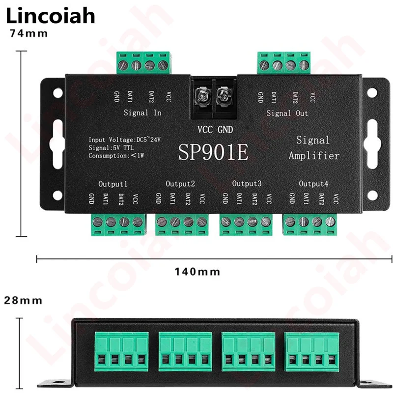 SP901E SPI Signal Amplifier Repeater for WS2812B WS2811 WS2813 RGB Addressable LED Pixel Strip Programmable Matrix Panel Light