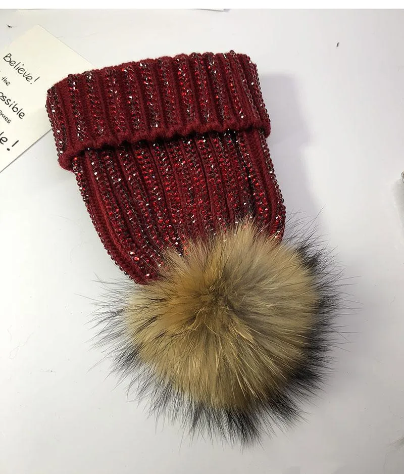 Fashion Winter Adult thick warm fur  beanies caps Luxury women Rhinestone crystal skullcap Skullies Hats Gorros