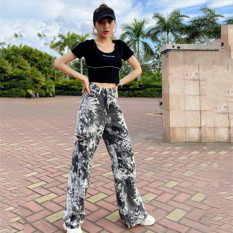 Modern Dance Pants Girls High Waist Wide Leg Pants Women Ripped Trousers Tie-Dye Loose Hip-Hop Jazz Pants Rave Outfit XS2372