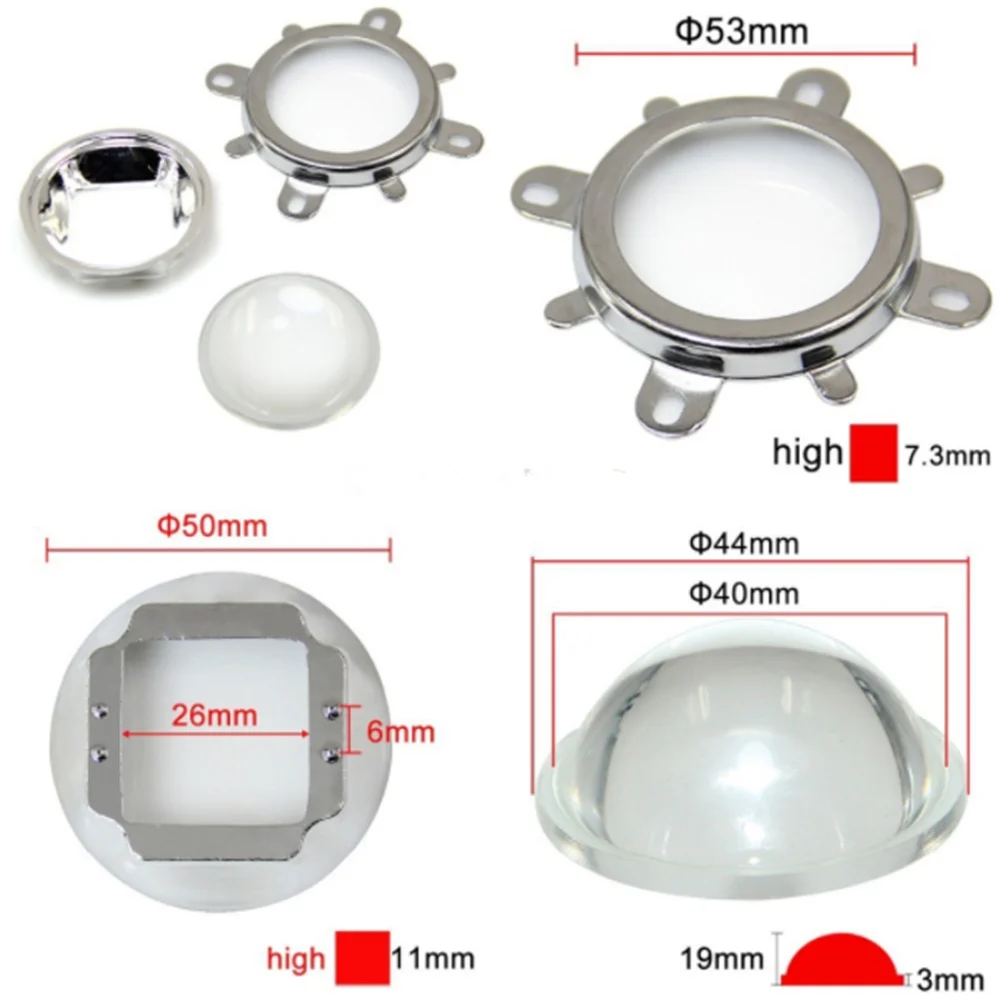 Lente de 44mm, colector de 50mm, colimador de copa, soporte fijo, luz de alta calidad para LED COB de 50W y 100W