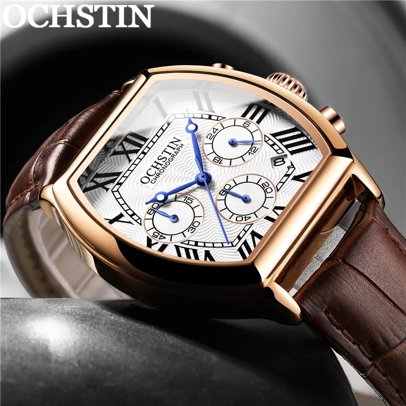 OCHSTIN Man Square WristWatch Chronograph Sport Men Quartz Watch Military Top Brand Rose Gold Genuine Leather Business Clock