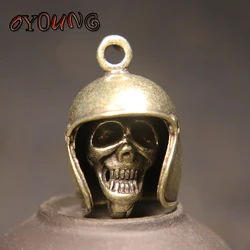 Brass Skull Head Helmet Bell Key Chains Pendants Punk Men Motorcycle Keychains Hangings Jewelry Vintage Metal Copper Wind Chime