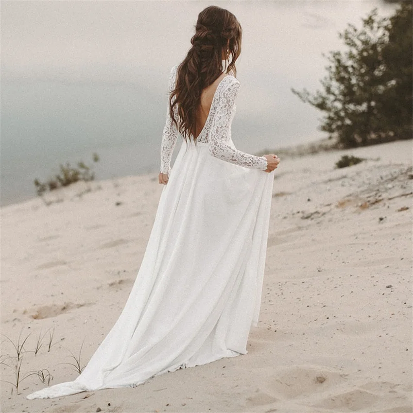 Robe de mariée en mousseline de soie, tenue de plage, manches longues, col en V, dos nu, style boho, 2020