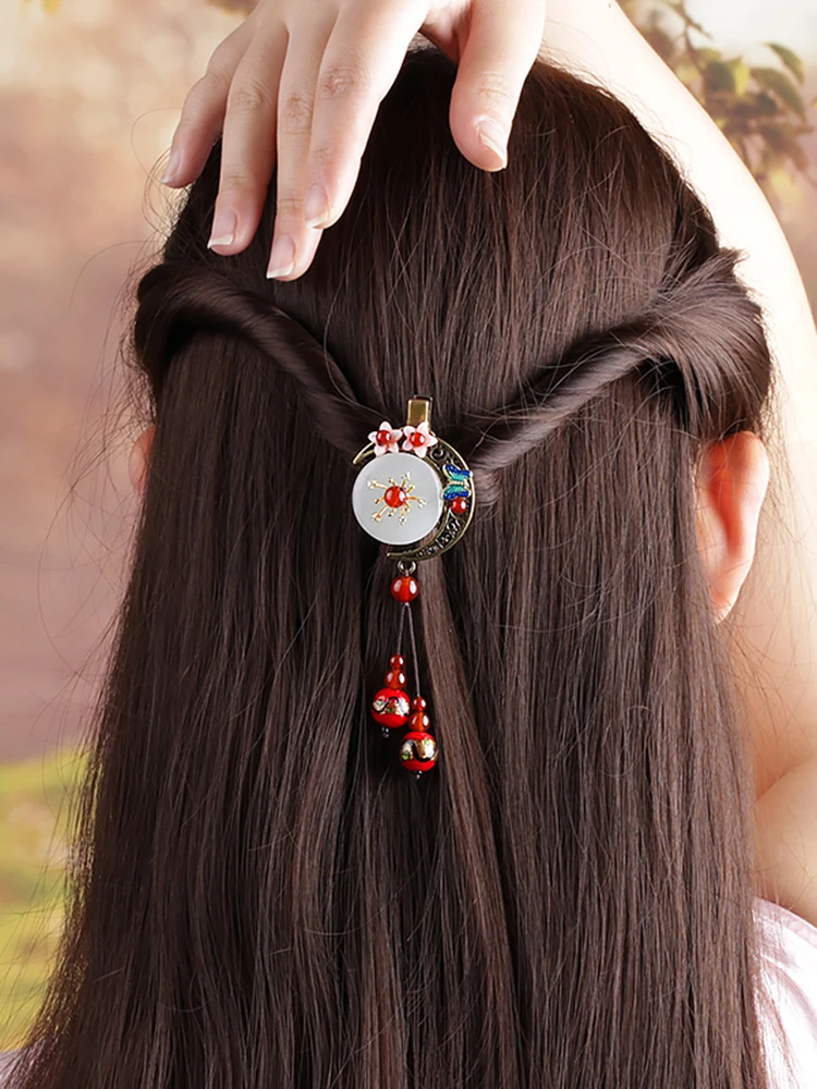 Vintage Moon Hairpin Hair Accessories Jewelry Chinese Ethnic  Hair Clip Headwear Handmade Barrettes Natural Jade Ornaments