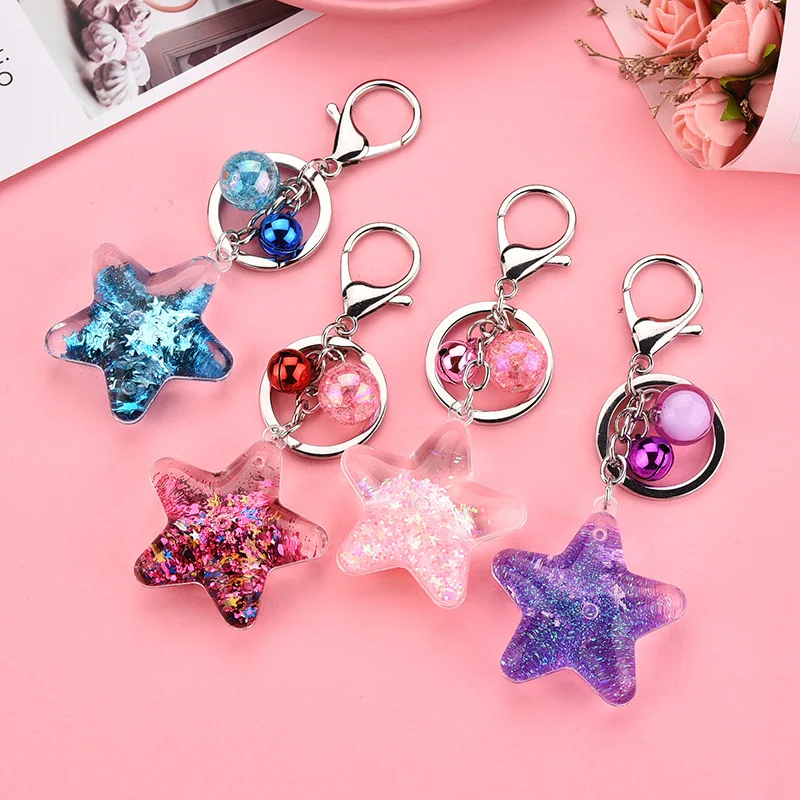 Five-Pointed Star Sequin Acrylic Key Chain Move Glitter Quicksand Liquid Keyring Bag Pendant For Women Men Keychain