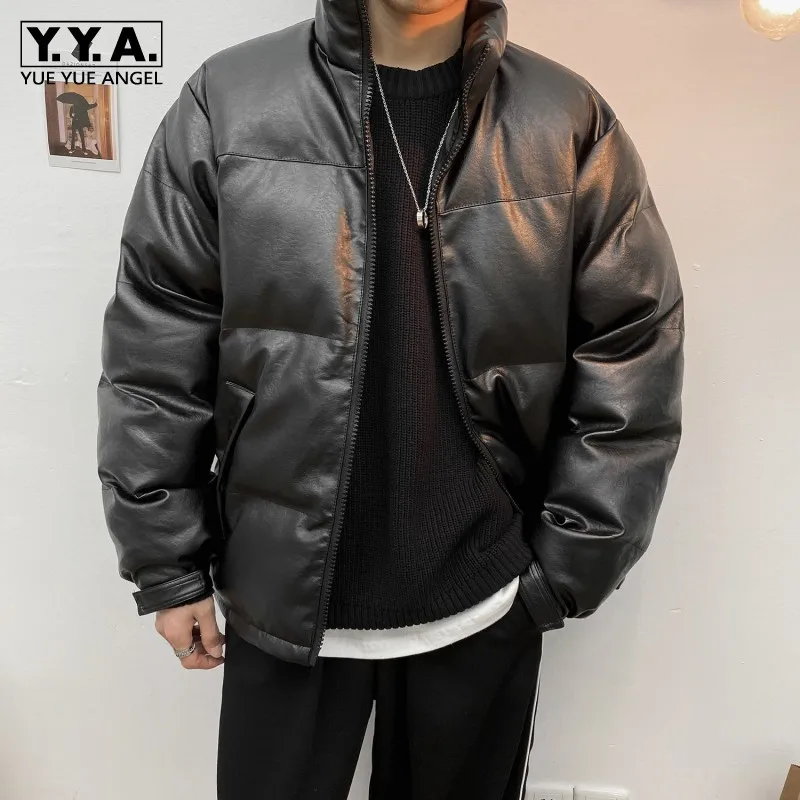 New Fashion Mens Loose Fit Pu Leather Parkas Thick Warm Stand Collar Motorcycle Windbreaker Overcoat Male Brand Clothing Jackets