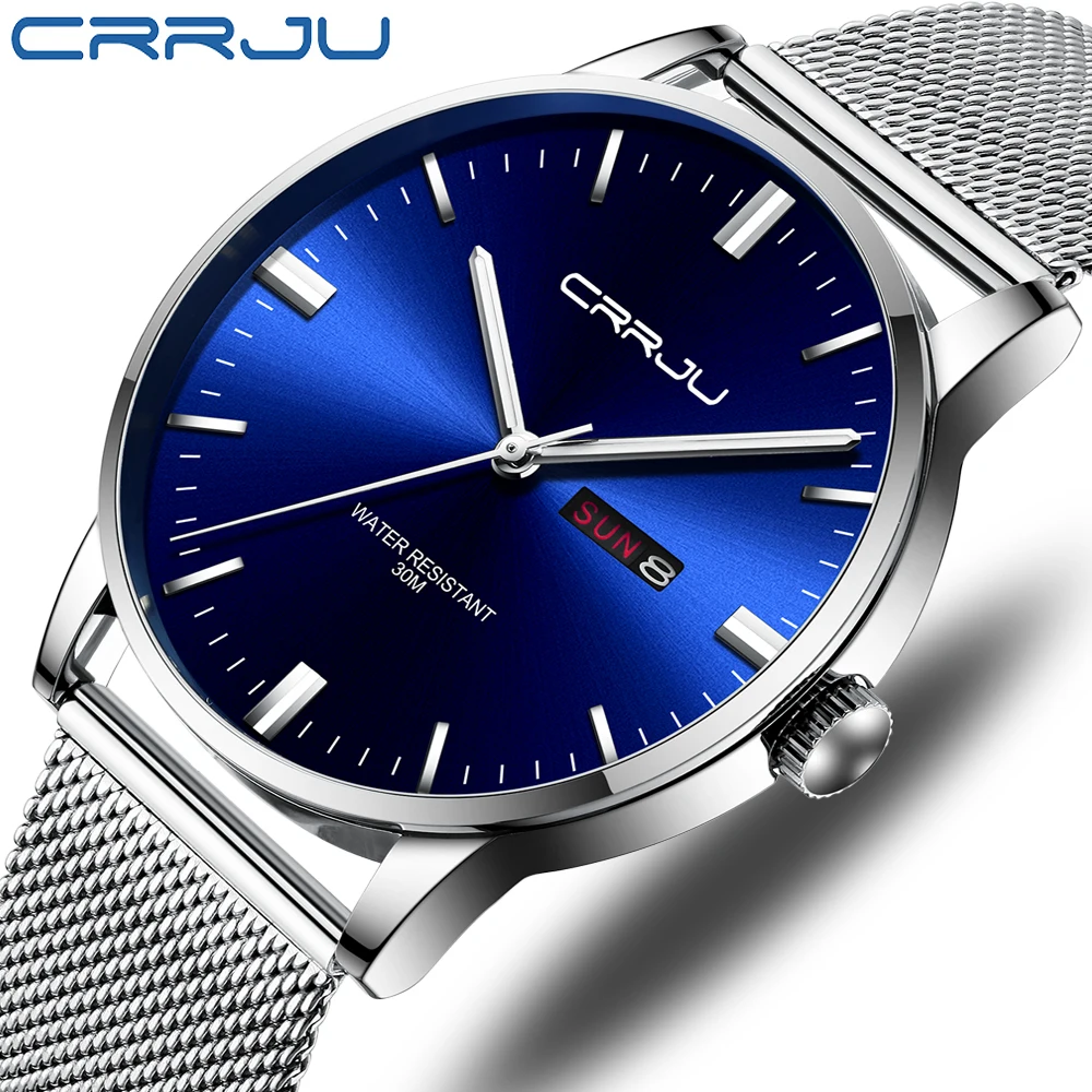 CRRJU-Reloj de pulsera de cuarzo para hombre, cronógrafo informal de negocios a la moda, resistente al agua, de malla de acero inoxidable, Masculino