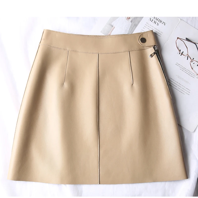 Genuine Leather Sexy Mini Skirt Women 2021 Spring South Korean Fashion High Waist Buttons Retro A-line Skirt