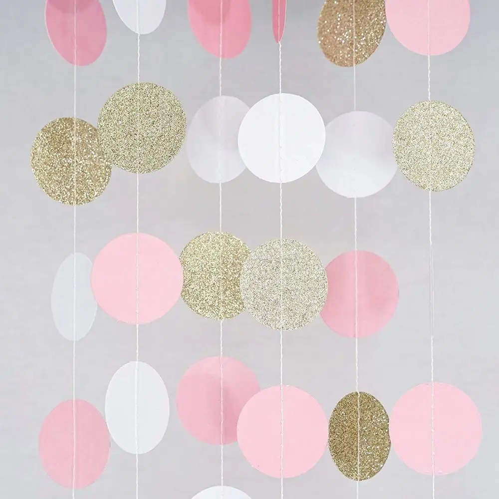 Pink White Gold Glitter Polka Dots Kids Birthday Party Decorations Macaron Pastel Tassel Paper Flags Garlands Banner Baby Shower