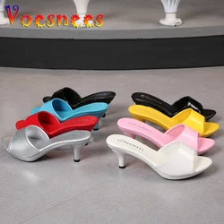 2021 Women Shoes Mule Clear Heels Patent Leather Slippers Sandals Sexy Crystal Low Heels Pointed Toe Slides Party Shoes Woman