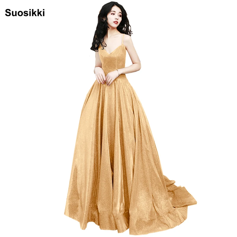 

2021 vestidos de baile Stock gold A-line Prom dresses vestido de noite V-neck elegant cheap long appliques prom dress