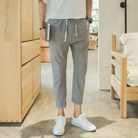 남성용 한국 트렌드 루즈 캐주얼 바지, 작은 발 9 포인트 바지, 슬림 리넨, 패션 스트리트웨어, 사이즈 M-5Xl, 여름