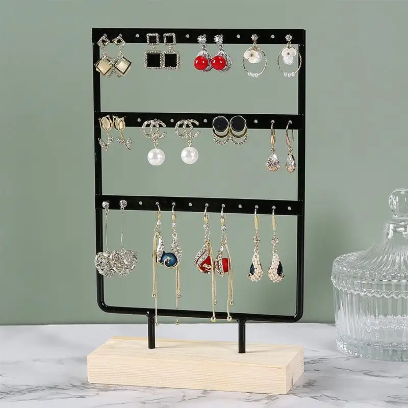 24/44/66 Holes Stand Jewelry Display Organizer Earrings Pendants Bracelets Jewelry Holder With Wooden Base Earrings Storage Rack