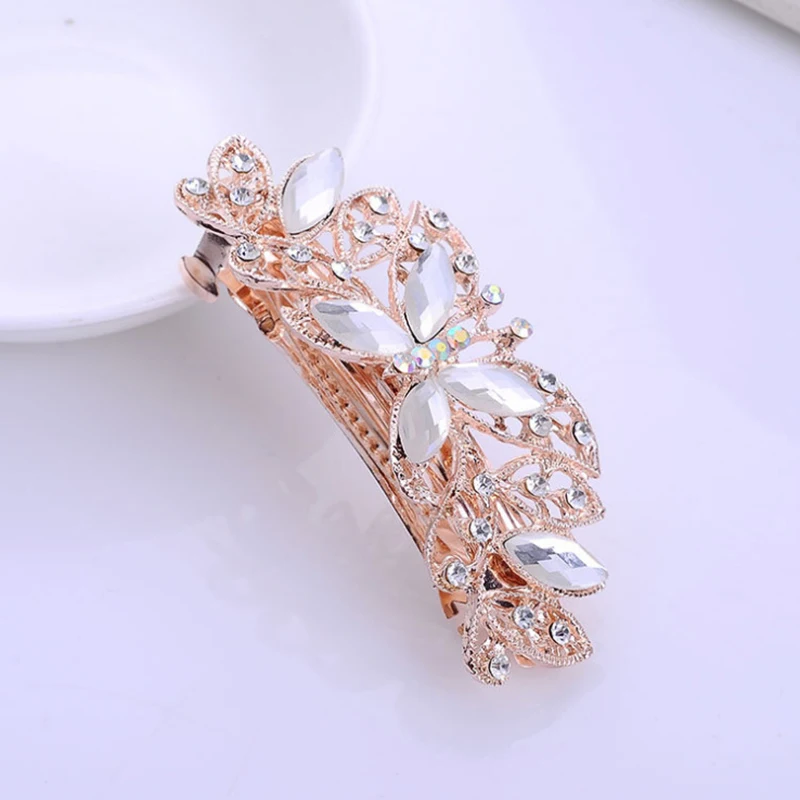 AINAMEISI24 Color Metal Flower Leaf Spring Clip Horizontal Clip Fashion Lady Hairpin Rhinestone Bridal Hair Accessories