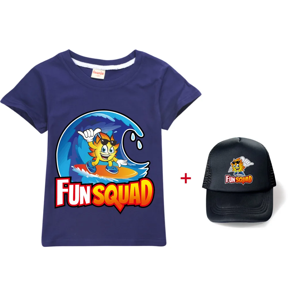 New Summer Fun Squad Gaming T Shirt Children Kawaii Cartoon 3D T-shirt For Boys Girls Kids Clothing Unisex Short Sleeves+sun hat