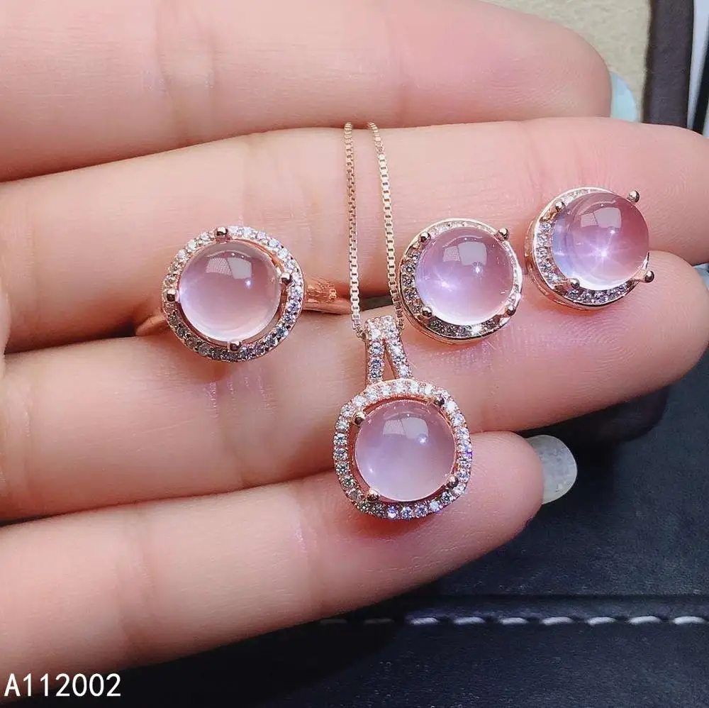 KJJEAXCMY fine jewelry natural Rose Quartz 925 sterling silver women pendant necklace ring earrings set support test exquisite