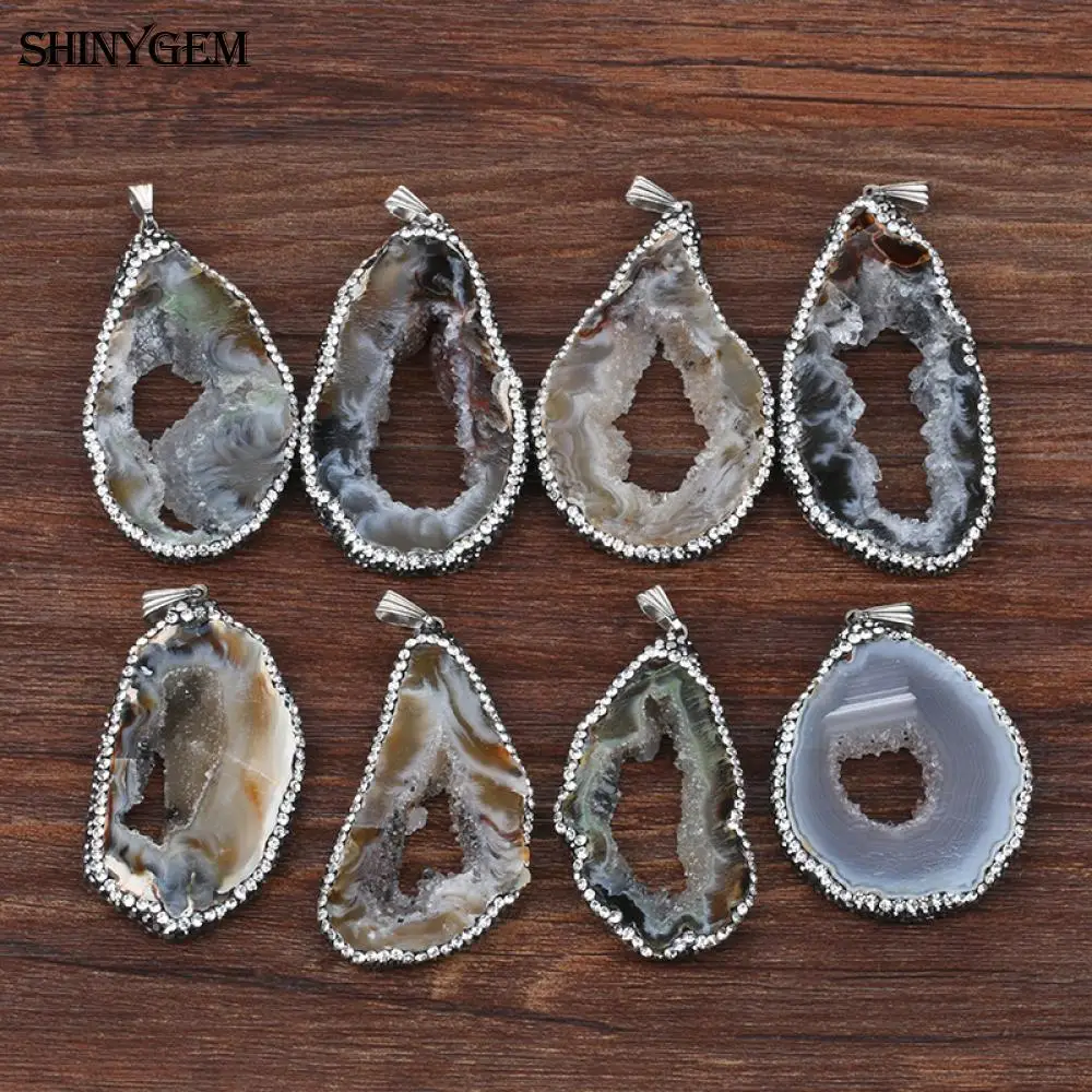 ShinyGem 20*40mm Random Agates Slices Charms Inlay Rhinestone Minerals Geode Gems Stone Pendant For DIY Jewelry Making Necklace