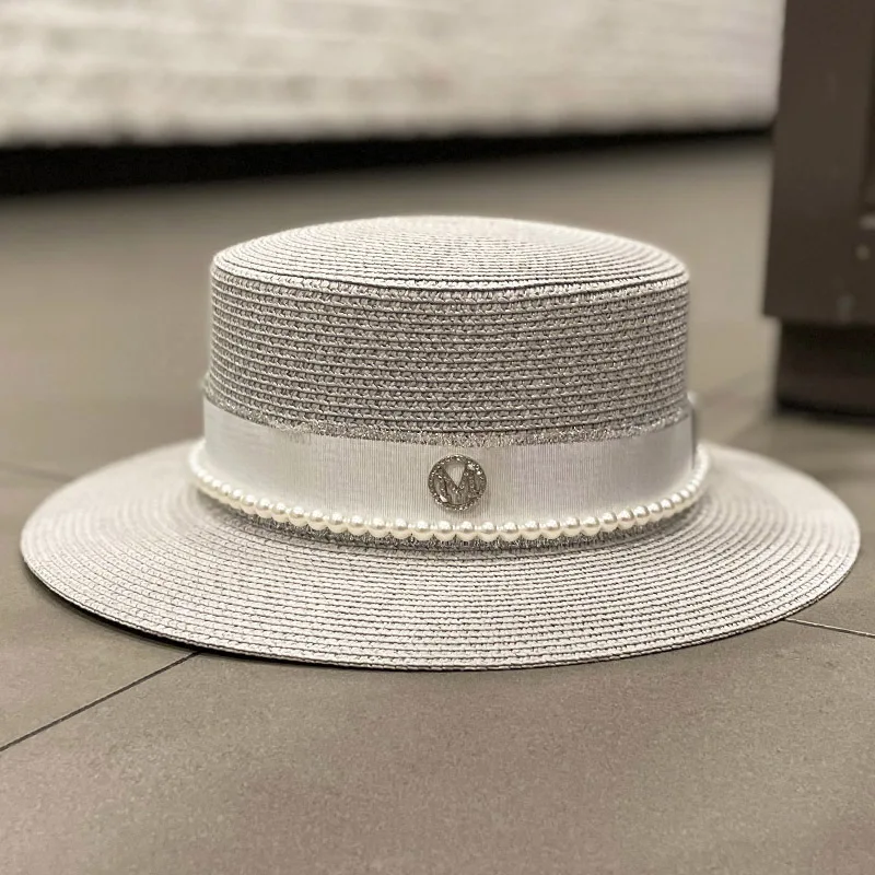 Sombrero de paja plano Retro para mujer, sombrero de paja de ala ancha de alta calidad con letras M, perla, transpirable, para viaje y playa