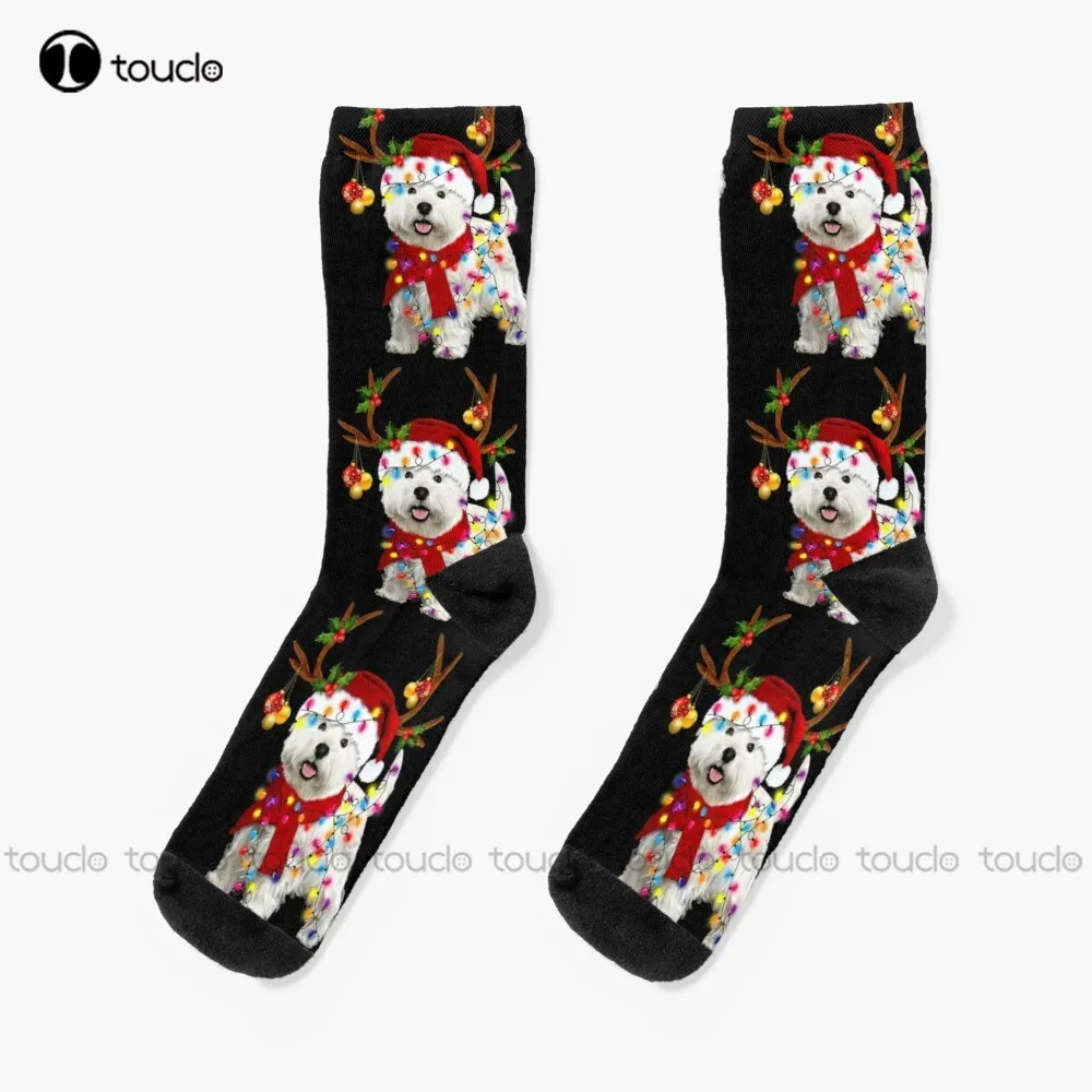 Westie Reindeer With Xmas Lights Socks Womans Socks Christmas New Year Thanksgiving Day Gift Unisex Adult Teen Youth Socks