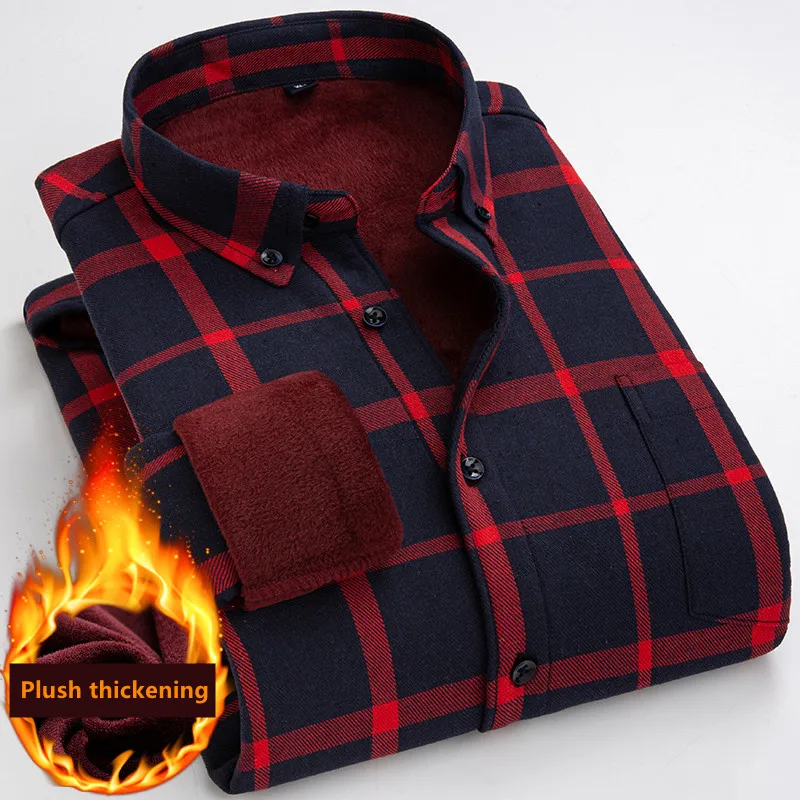 2021 Autumn Winter Men Fleece Shirt  Male Long Sleeve Plaid Shirt Thick Fleece Lined Soft Casual Flannel Warm Dress Shirt M-4XL