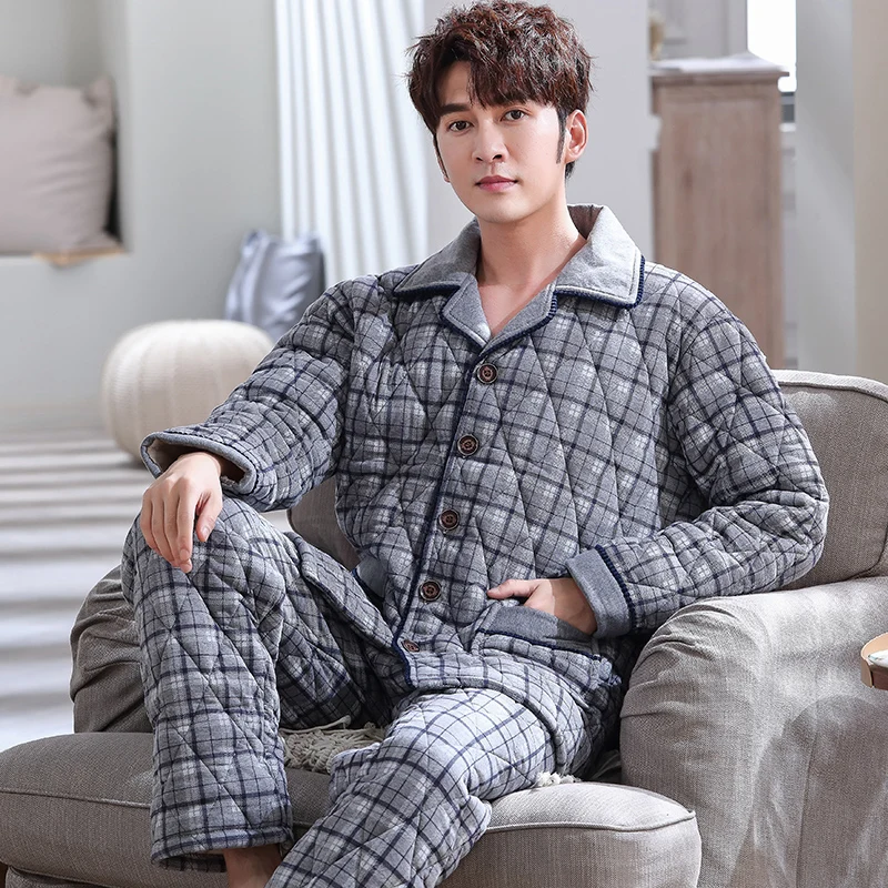 New Knit Cotton Padded Men Thick Big Yards L-3XL Winter Pajamas Set Homme Peignoir Pyjamas Warm Quilted Gray Plaid Pajamas Mens