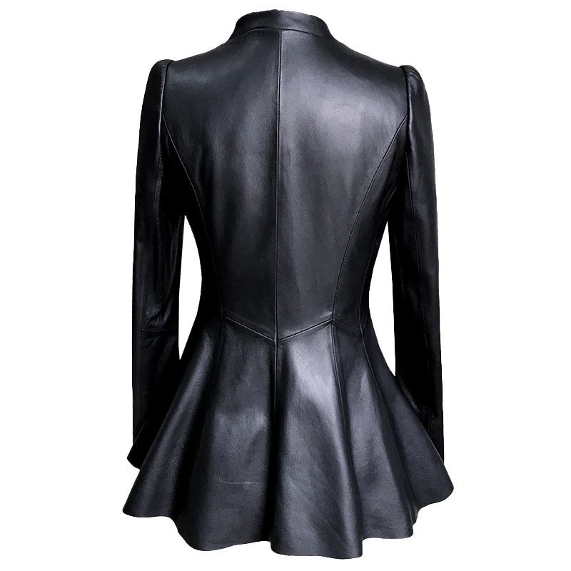 Lautaro Autumn Black Slim Soft Pu Leather Jacket Women Deep V Neck Long Puff Sleeve Elegant Luxury Skirted Blazer Fashion 2021
