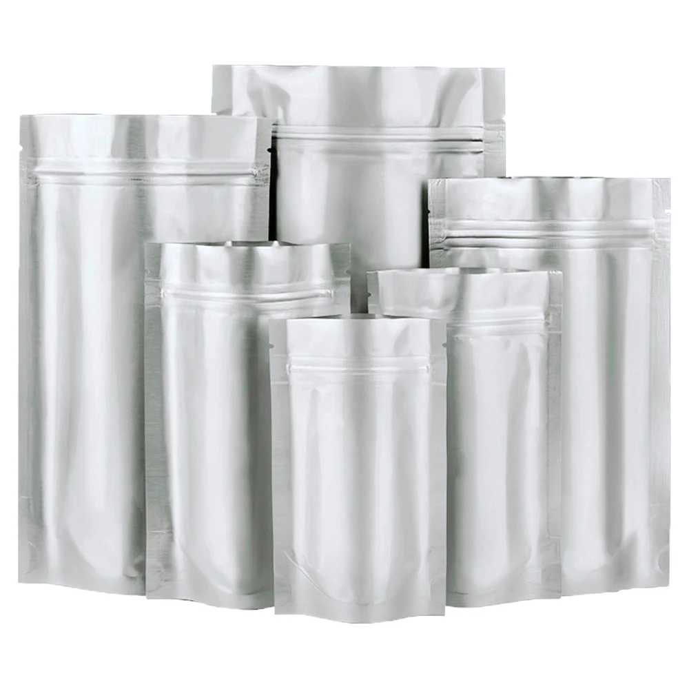 100 sztuk srebrny zamek błyskawiczny czysta Mylar folia stojąca torba Self Seal wielokrotnego użytku Resealable Tear Notch Doypack przechowywanie żywności opakowanie woreczki