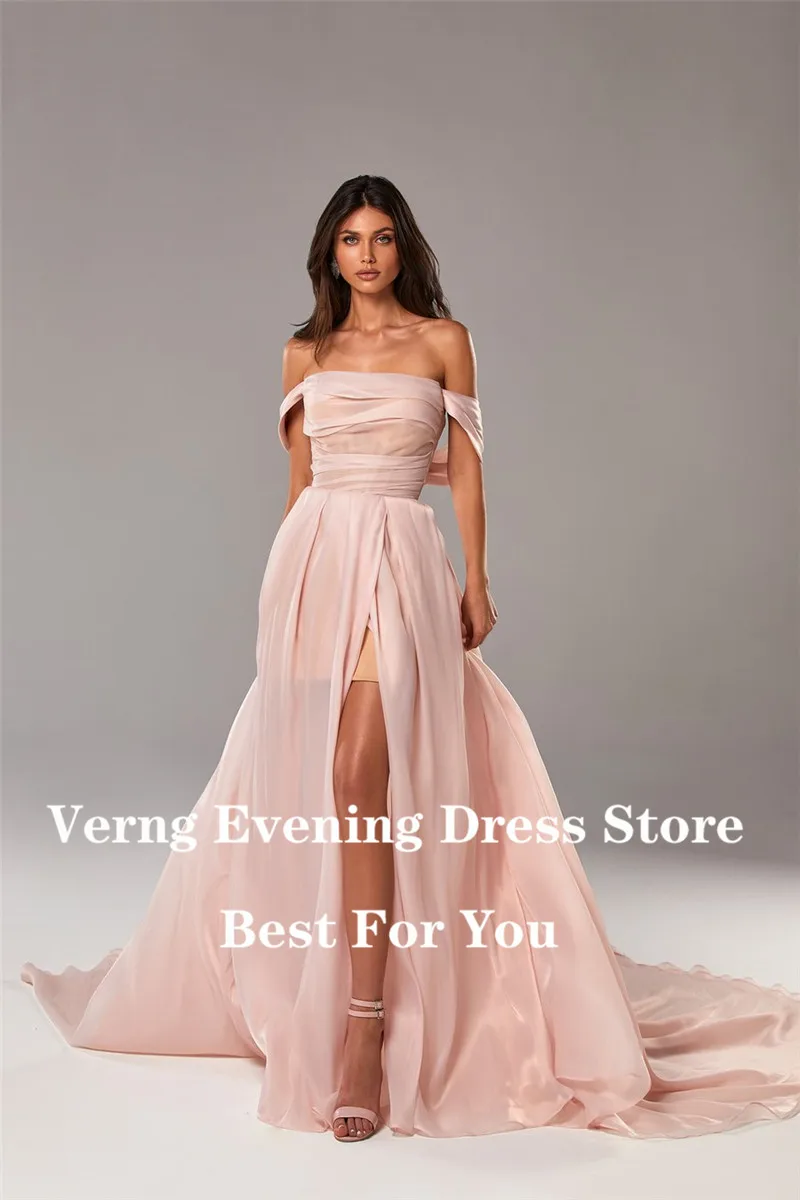 Verngo 2021 Old/Powder Pink A Line Silk Chiffon Prom Dresses Off Shoulder Long Sleeves Slit Floor Length Simple Evening Gowns