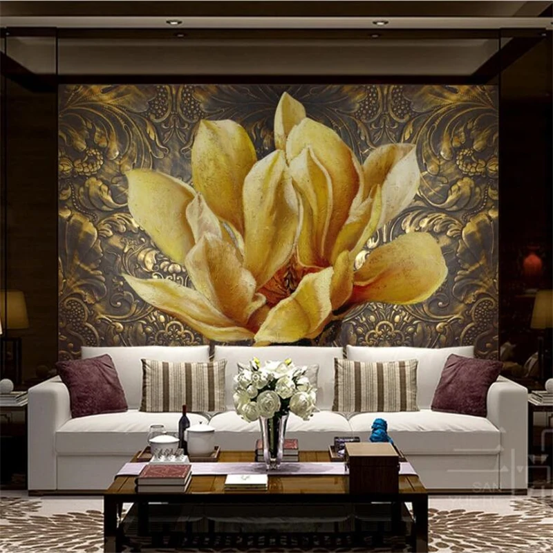 wellyu Customized large murals fashion home improvement metal oil painting flower embossed flash gold flowers 3d stereo