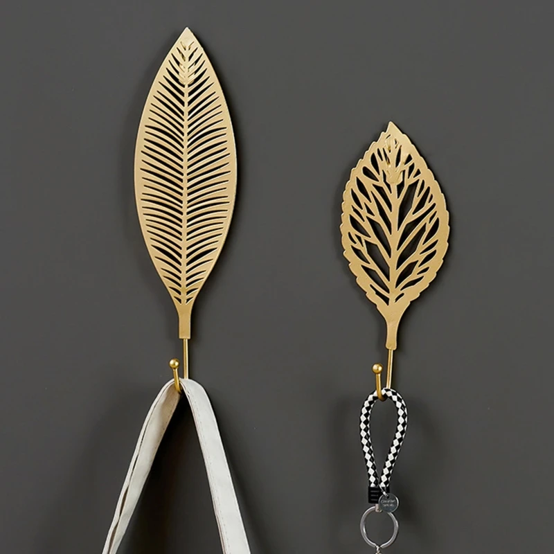 Decorative Leaves Iron Hook Plant Modern Key Holder Wall Mounted Gold Single Prong Coat Hanger for Hallways Living Room