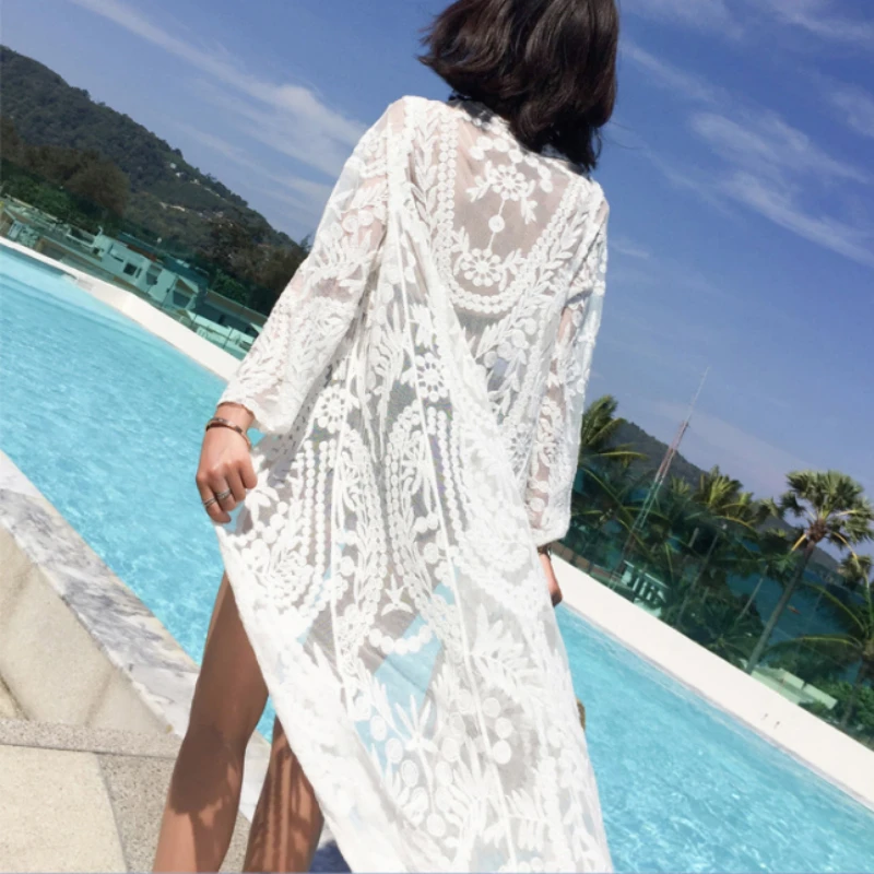 2022 Dress Beach White Lace Summer Maxi Dress Women Long Sleeve Beach Cover Up Sexy See Through Boho Bikini Beachwear Cover-ups