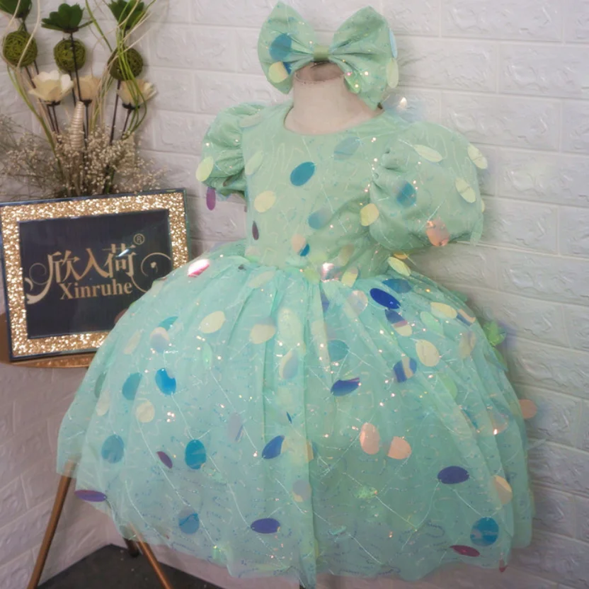 baby Girls dot Sequin Dress puff sleeve Wedding ball Gown Children Kids piano show For Girls Party