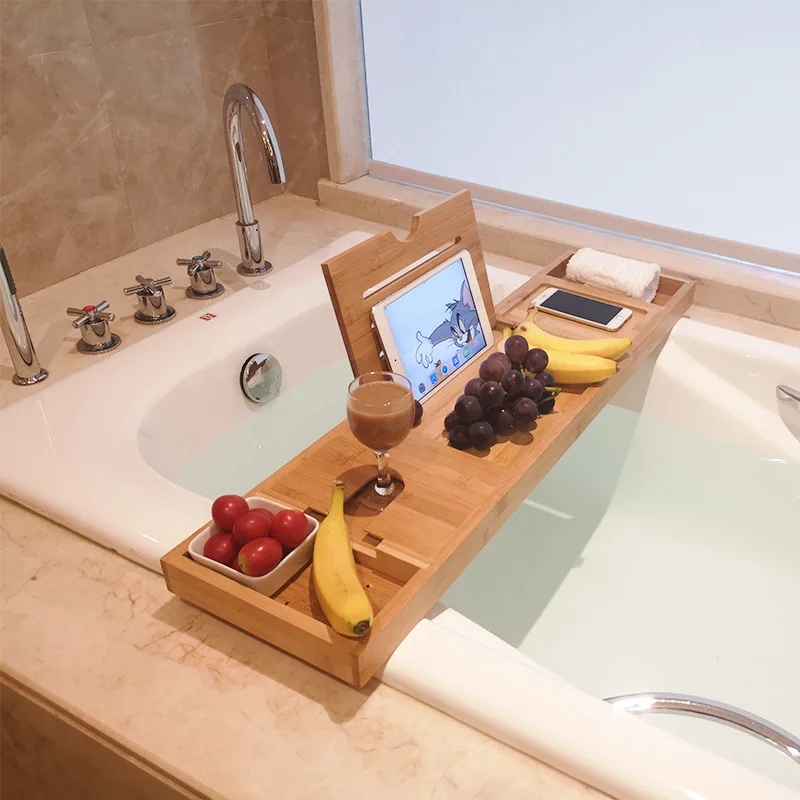 

Bathtub Caddy Tray Basket Book Wine Tablet Holder Bathroom Storage Shelves Racks Bamboo Drain Shelf Nonslip Sink Bathtub Tray