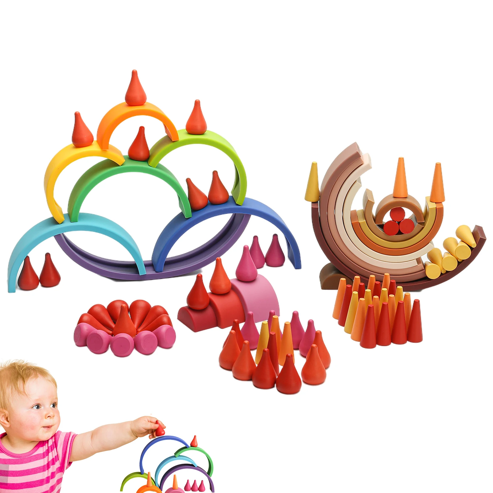 1 Set DIY 3D Wooden Toys Rainbow Building Blocks Rainbow Stacker Stacking Waldorf Dolls Games Montessori Educational Toys