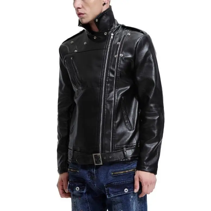 

HOT Men 2020 autumn and winter new Coat Fashion Lapel diagonal zip motorcycle men's Slim PU leather jacket outwear M-5XL