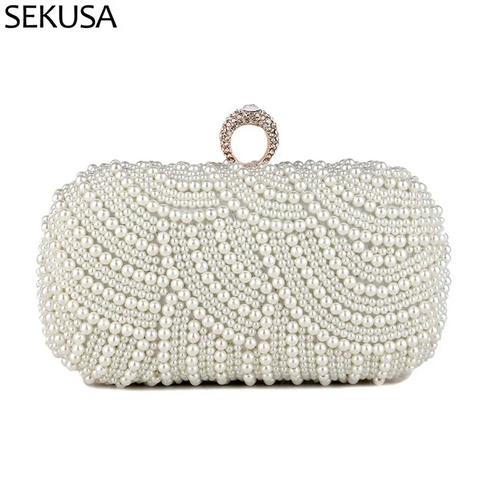 Finger Ring Diamonds Women Evening Bags Beaded Embroidery Clutch Chain Shoulder Small Lady Wedding Bridal Handbags Pearl Purse