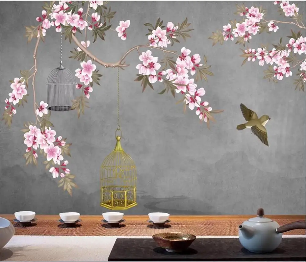 

Custom mural wallpaper Chinese style hand-painted flowers and birds retro background wall decoration painting