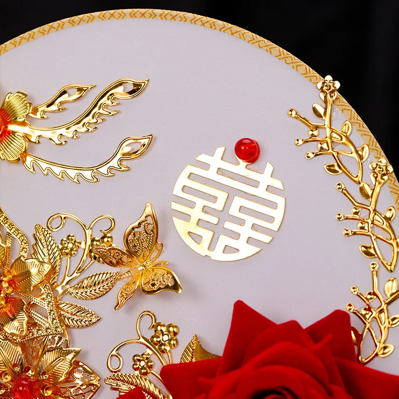 NiuShuya  New Fashion Wedding Red Rose Flower Bouquet Fan Handmade Chinese Bridal Jewelry Hand Round Fans