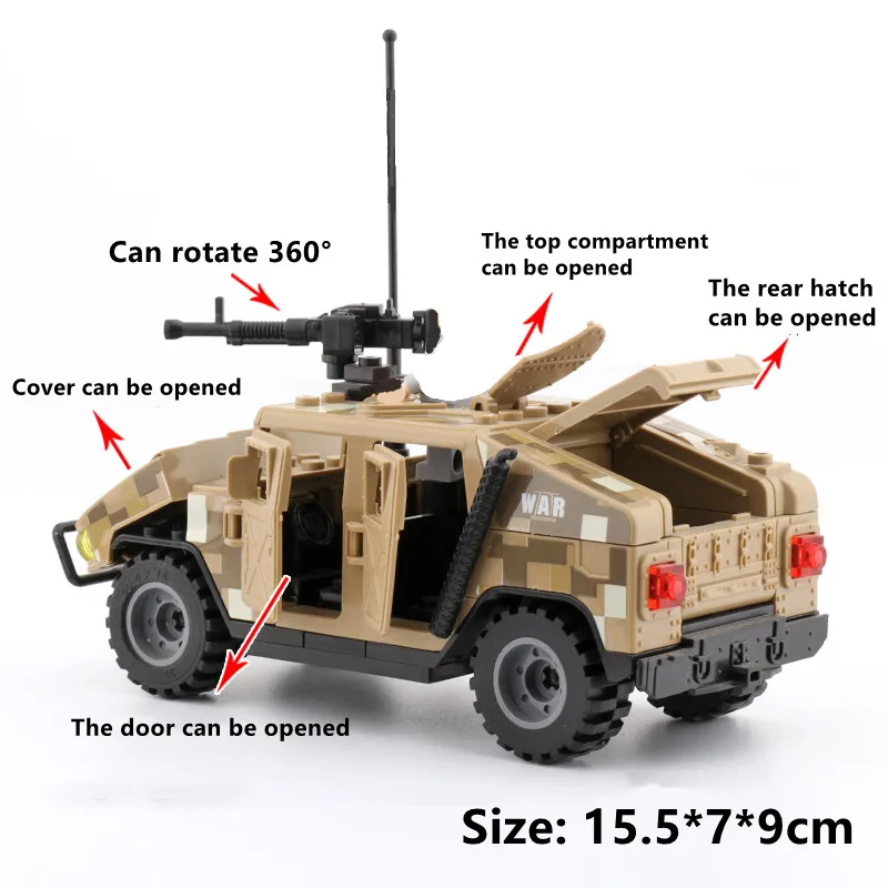 Assault Car H1 Model Building Blocks Military Car Desert off-road Vehicle Police Figure Weapons Boy Toy Gift for Children D295