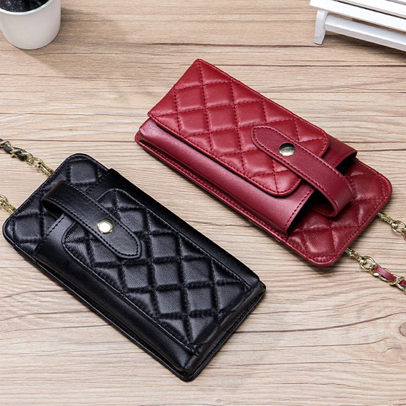 Women\'s Diagonal Cross Leather Sheepskin Bags 2021 New Small Mobile Phone Bag Mini Genuine Leather Brand Rhombus Shoulder Bag