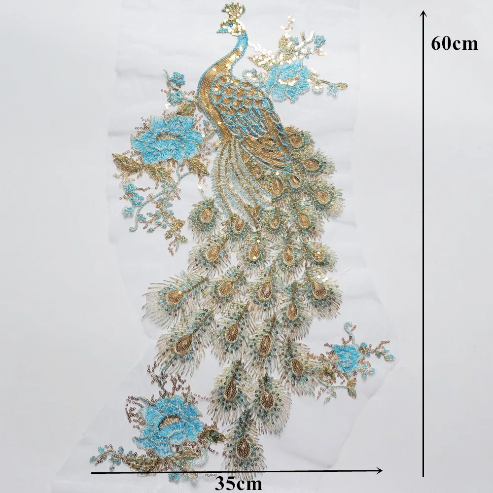 Sky Blue Sequin Embroidery Lace Peacock Applique Lace Fabric Trimming Sewing Patch Wedding Gown Dress DIY Crafts