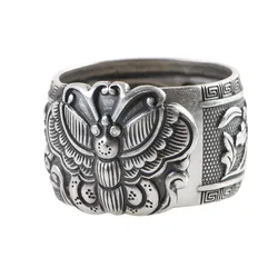 BOCAI New Real s990 Pure Silver Jewelry Wide Butterfly Phoenix Peony Flower Trendy Woman Ring