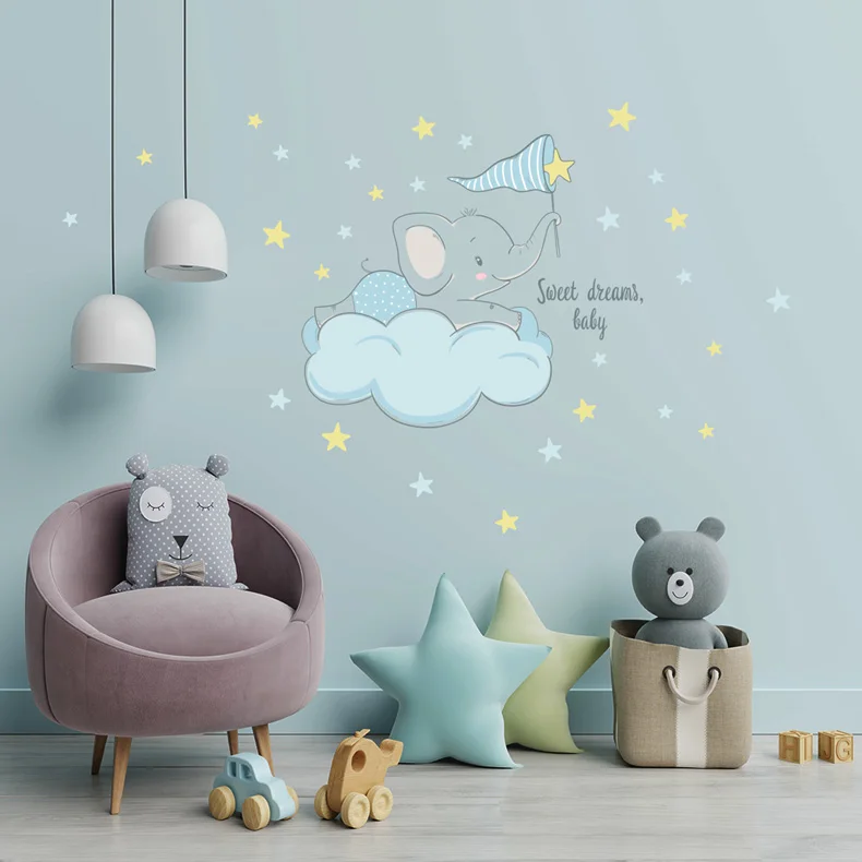 Cartoon-Elefant auf den Wolken Wandaufkleber Kinderzimmerdekoration Tapete Baby-Schlafzimmer-Dekor Selbstklebende niedliche Tier-Aufkleber – Detail 4