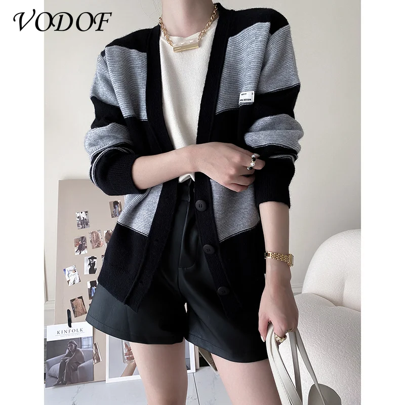 VODOF 2021 Women's Knitwear Fall/Winter V-neck Cardigan Button Oversized Korean Ladies Sweater Retro Top Cardigan Women