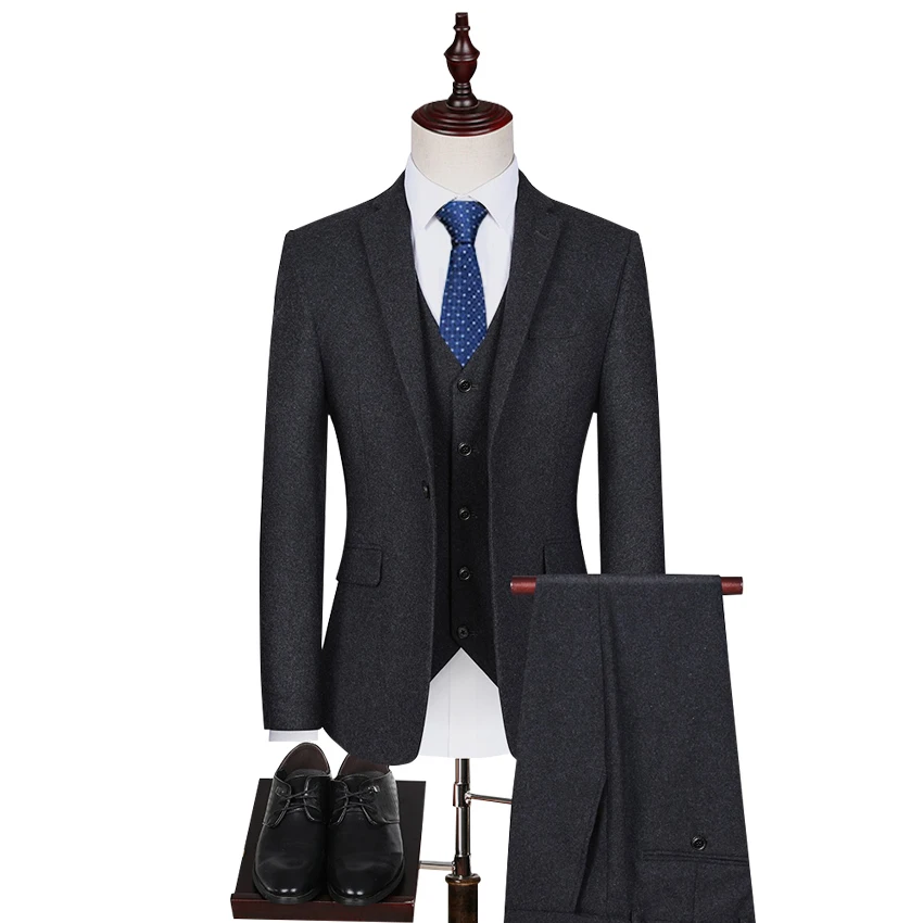 

Abruzzomaster Tweed Wool Blend Tailored Men Suit Groom Tuxedos Vintage Groomsman Suit Black Tuxedos (Jacket+pants+vest)